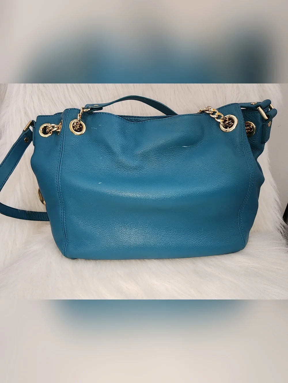 Michael Kors Pebbled Leather, Teal Blue Handbag, Gold Hardware, Medium - Picture 3 of 9